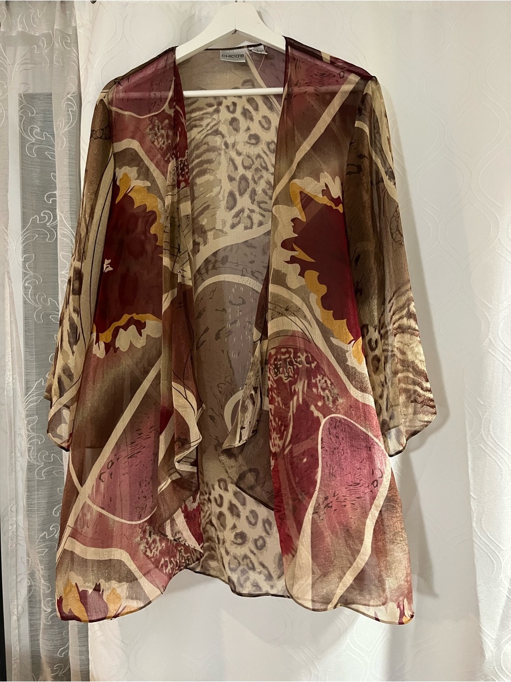 Chico's Sheer Floral-Print Kimono in Burgundy, Tan & Gold